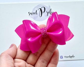 Neon Pink Glossy Jelly + Glitter Pool Bow // Summer Pool Bow Water Resistant Headband Hair Clip // Large Girls Mini Newborn Baby Bow