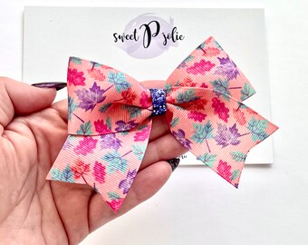 Vibrant Fall Leaves Print XL Ribbon + Glitter Hair Bow // Halloween Girls Newborn Baby Toddler Bow