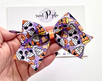Purple Minnie + Mickey Inspired Halloween Treats Print XL Ribbon + Glitter Hair Bow // Halloween Large Girls Newborn Baby Toddler Bow