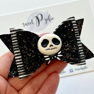 LIMITED Jack Skellington Inspired Head Clay Center + Glitter Hair Bow // Halloween Girls Bow Hair Clip Headband