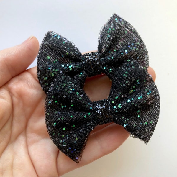 Black Iridescent Glitter Tulle Pigtail Hair Bow Set // Summer Piggie Bows Hair Clips // Pigtail Bows Mini Bows Baby Toddler Bow
