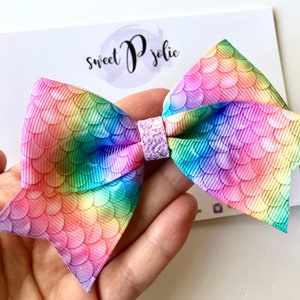 Rainbow Mermaid Scale Print XL Ribbon + Glitter Hair Bow // Mermaid Summer Hair Bow Headband // Large Girls Newborn Baby Toddler Hair Bow
