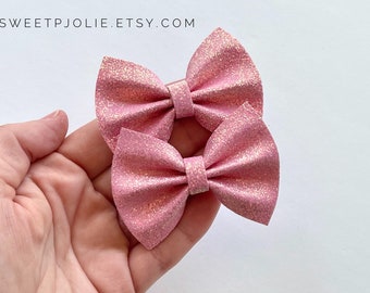 Rose Pink Iridescent Glitter Felt Pigtail Hair Bow Set // Back to School Fall Piggie Bows Hair Clips Pigtail Bows Mini Bows Toddler