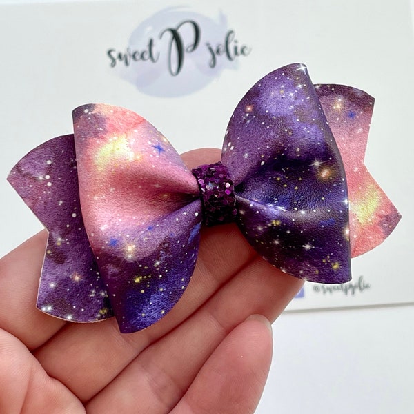 Nightfall Dreamy Galaxy Print Faux Leather + Glitter Hair Bow // Space Nebula Galaxy Hair Clip Headband