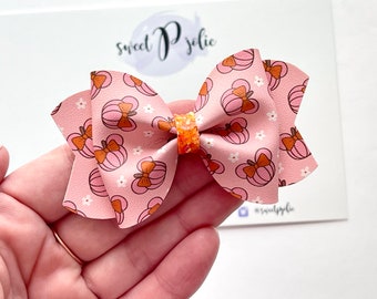 Pink Minnie Mouse Inspired Pumpkins Print Faux Leather + Glitter Hair Bow // Halloween Inspired Hair Bow // Hair Bow Headband Hair Clips
