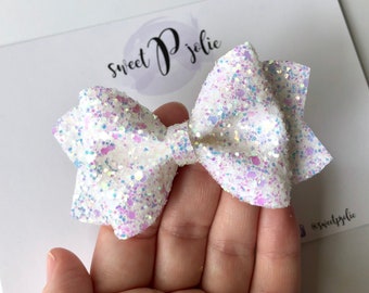 Dream Dazzling Iridescent Fairy Tale Glitter Hair Bow // White Princess Headband Hair Clip // Large Girls Mini Newborn Baby Bow