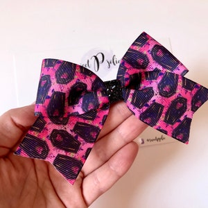 Hot Pink + Black Coffin with Hearts Print XL Ribbon + Glitter Hair Bow // Halloween Girls Newborn Baby Toddler Bow