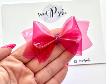 Bright Rose Pink Transparent Jelly + Glitter Hair Bow // Summer Pool Bow Water Resistant Headband Hair Clip // Large Girls Mini Baby Bow