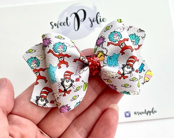 Dr Seuss Inspired Character Mix Print Faux Leather + Glitter Hair Bow // Cartoon Childrens Book Character Hair Clip Headband