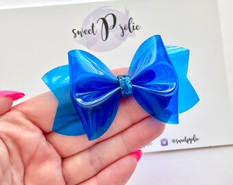 Brightest Blue Transparent Jelly + Glitter Hair Bow // Summer Pool Bow Water Resistant Headband Hair Clip // Large Girls Mini Baby Bow