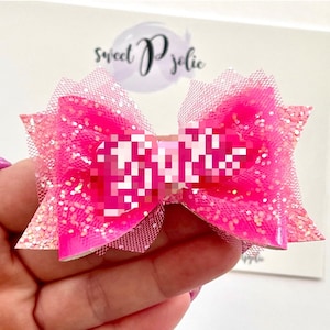 Pink B Doll Inspired Center Tulle + Glitter Double Layer Hair Bow // Character Cartoon Girls Baby Toddler Kids Hair Bow Hair Clip Headband