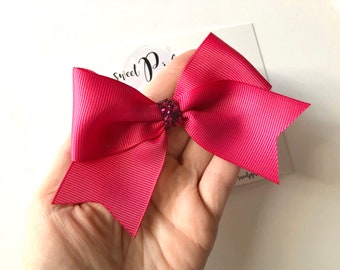 Magenta Pink XL Ribbon + Glitter Hair Bow // Valentines Day Spring Solid Pink Ballerina Hair Bow Headband // Large Girls Newborn