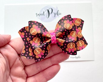 Minnie Inspired Pumpkins + Polka Dots Print Faux Leather + Glitter Hair Bow // Halloween Inspired Hair Bow // Hair Bow Headband Baby Girls