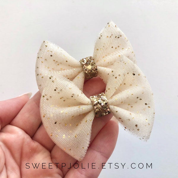 Ivory Gold Dot Tulle Pigtail Hair Bow Set // Spring Summer Ballerina Piggie Bows Hair Clips // Pigtail Bows Mini Bows Baby Toddler Bow