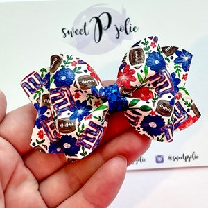 New York Inspired Floral Football Team Print Faux Leather + Glitter Hair Bow // Pro Football Headband // Girls Toddler Headband