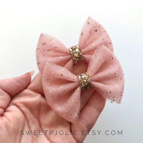 Blush Gold Dot Tulle Pigtail Hair Bow Set // Spring Summer Ballerina Piggie Bows Hair Clips // Pigtail Bows Mini Bows Baby Toddler Bow