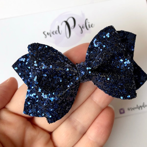 Navy Blue Chunky Glitter Hair Bow // Fall Holiday Navy Hair Clip Headband // Large Girls Mini Bow Headband