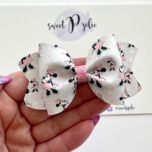 Retro Minnie Inspired Print Faux Leather + Glitter Hair Bow // Disney Inspired Print Hair Clip Headband