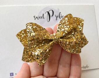 Gold Iridescent Chunky Glitter Hair Bow // Holiday Christmas Gold Glitter Hair Clip Headband // Large Girls Mini Bow