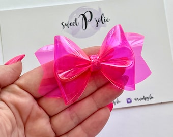 Neon Bright Pink Transparent Jelly + Glitter Hair Bow // Summer Pool Bow Water Resistant Headband Hair Clip // Large Girls Mini Baby Bow