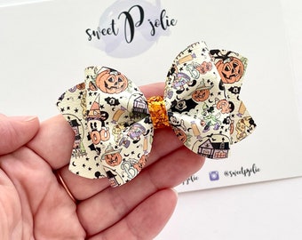 A Vintage Mickey Halloween Print Faux Leather + Glitter Hair Bow // Halloween Inspired Hair Bow // Hair Bow Headband Hair Clips Girls