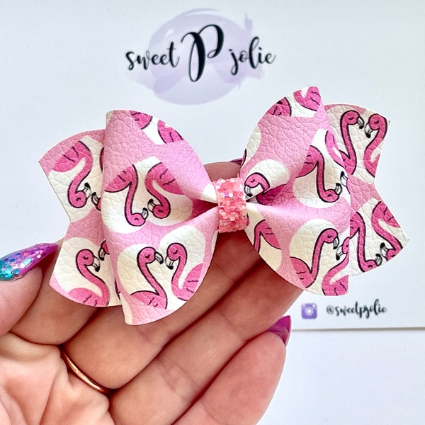 Summer Flamingo Hearts Print Faux Leather + Glitter Hair Bow // Summer Print Hair Clip Headband // Girls Newborn Baby Toddler