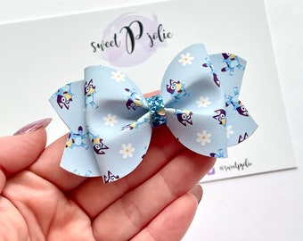 Blue Dog Family Inspired Blue Daisies Print Faux Leather + Glitter Hair Bow // Blue Dog Character Inspired Print Hair Clip Headband