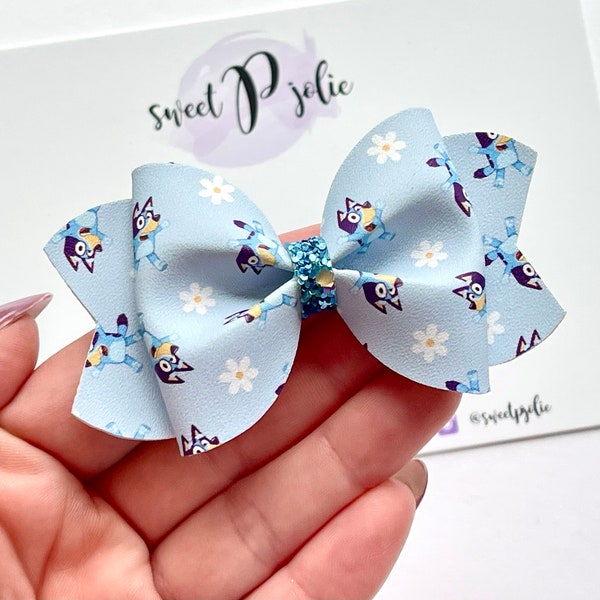 Blue Dog Family Inspired Blue Daisies Print Faux Leather + Glitter Hair Bow // Blue Dog Character Inspired Print Hair Clip Headband