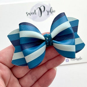 Blue Wizard School Inspired Stripes Print Faux Leather + Glitter Hair Bow // Wizardry Movie Wizard Boy Character Inspired Print Hair Clip