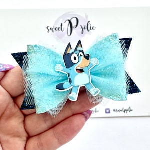 Blue Dog Inspired Center Tulle + Glitter Double Layer Hair Bow // Character Cartoon Girls Baby Toddler Kids Hair Bow Hair Clip Headband