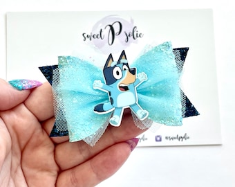 Blue Dog Inspired Center Tulle + Glitter Double Layer Hair Bow // Character Cartoon Girls Baby Toddler Kids Hair Bow Hair Clip Headband