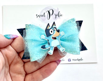 Blue Dog Inspired Center Tulle + Glitter Double Layer Hair Bow // Character Cartoon Girls Baby Toddler Kids Hair Bow Hair Clip Headband