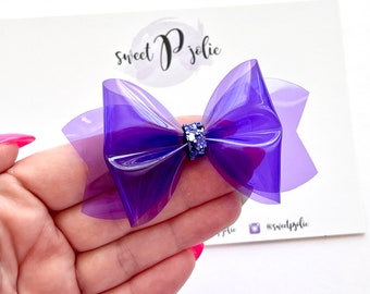 Electric Purple Transparent Jelly + Glitter Hair Bow // Summer Pool Bow Water Resistant Headband Hair Clip // Large Girls Mini Baby Bow