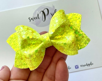 Dazzling Neon Tropical Yellow Iridescent Glitter Hair Bow // Summer Neon Fluorescent Hair Clip Headband // Large Girls Newborn Toddler