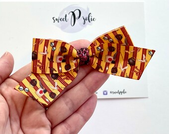 Wizard Boy Inspired Stripes Toss Print Ribbon + Glitter Hair Bow // Wizard Glitter Hair Bow Headband // Girls Newborn Baby Toddler