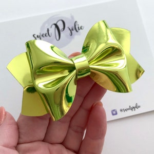 Spring Green Smooth Metallic Faux Patent Leather Hair Bow // St Patricks Day Spring Holiday Headband Hair Clip // Girls Toddler Baby Bow image 1