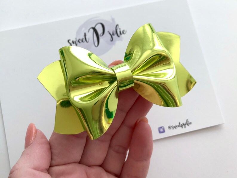 Spring Green Smooth Metallic Faux Patent Leather Hair Bow // St Patricks Day Spring Holiday Headband Hair Clip // Girls Toddler Baby Bow image 1