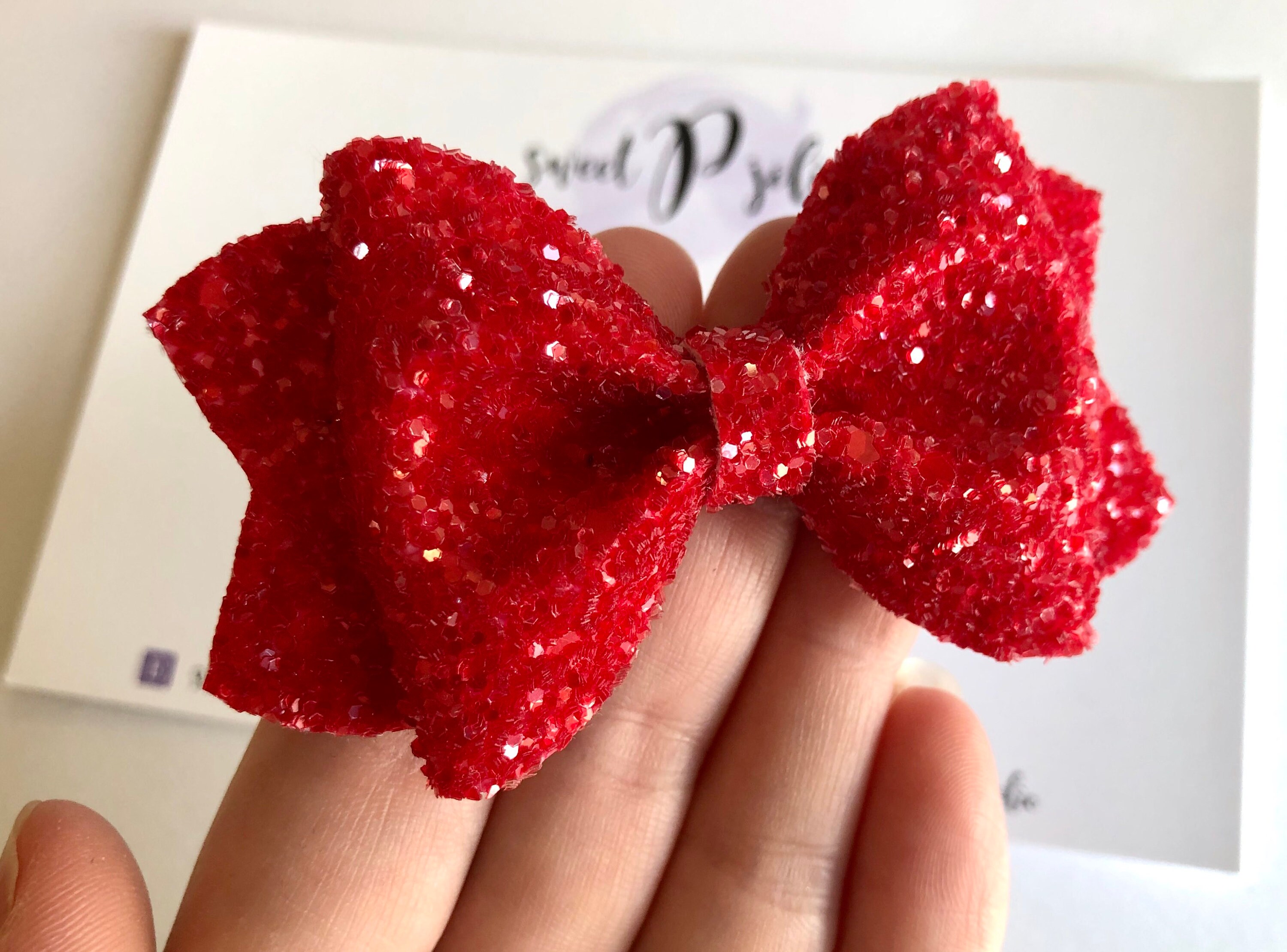 Curried Myrrh Sequin Bow extra long,sparkly,shiny White Glitter Sequin Hair Bow – Karens Creations main image 4