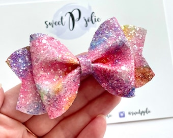 Purple Pink + Orange Iridescent Rainbow Tie Dye Chunky Glitter Hair Bow // Summer Spring Hair Clip Headband // Large Girls Newborn Toddler