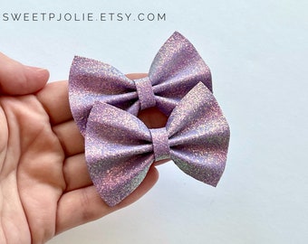 Lavender Iridescent Glitter Felt Pigtail Hair Bow Set // Back to School Fall Piggie Bows Hair Clips Pigtail Bows Mini Bows Baby Toddler