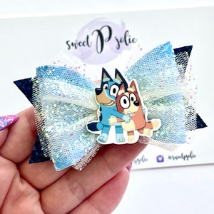 Blue Dog Family Inspired Siblings Center Tulle + Glitter Double Layer Hair Bow // Character Cartoon Girls Toddler Hair Bow Headband