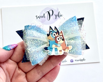 Blue Dog Family Inspired Siblings Center Tulle + Glitter Double Layer Hair Bow // Character Cartoon Girls Toddler Hair Bow Headband