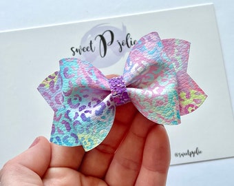 Tropical Inspired Watercolor Leopard Print Faux Leather + Glitter Hair Bow // Summer Print Hair Clip Headband // Girls Newborn Baby