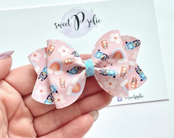 Blue Dog Family Inspired Pale Pink Rainbows Print Faux Leather + Glitter Hair Bow // Blue Dog Character Inspired Print Hair Clip Headband