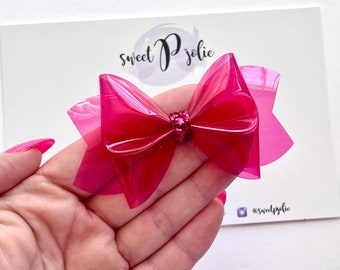 Magenta Pink Transparent Jelly + Glitter Hair Bow // Summer Pool Bow Water Resistant Headband Hair Clip // Large Girls Mini Baby Bow