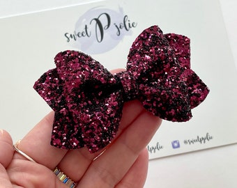 Port Wine Chunky Glitter Hair Bow // Christmas Holiday Fall Wine Dark Red Maroon Fall Hair Clip Headband // Large Girls Mini Bow Headband