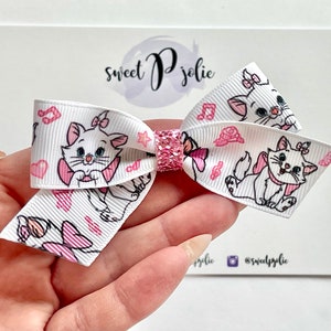 Marie Inspired White Background Print Ribbon + Glitter Hair Bow // Disney Character Print Hair Bow Headband
