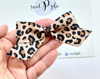 Été Noir Marron + Tan Leopard Print Ruban + Glitter Hair Bow // Summer Zoo Animal Safari Hair Bow Headband Bows // Girls Large Bow
