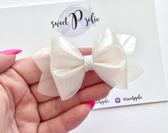 Milky White Transparent Jelly + Glitter Hair Bow // Summer Pool Bow Water Resistant Headband Hair Clip // Large Girls Mini Baby Bow