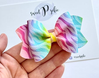 Neon Rainbow Zebra Print Faux Leather + Glitter Hair Bow // Summer Tropical Print Hair Clip Headband // Girls Newborn Baby